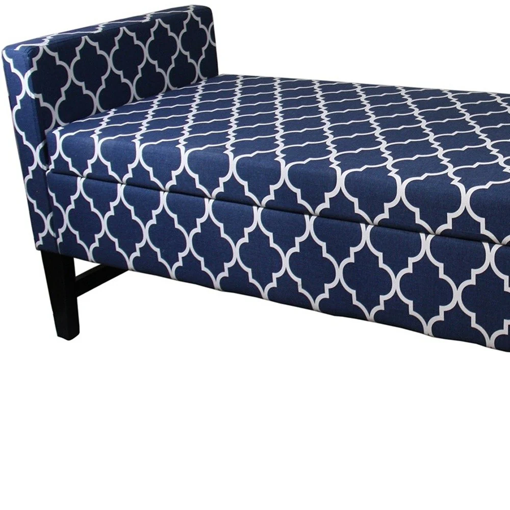 Blue and White Quatrefoil Dark Wood Storage Bench By Homeroots - Image 4