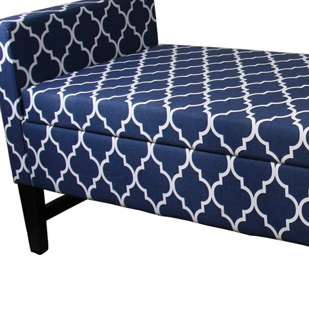 Blue and White Quatrefoil Dark Wood Storage Bench By Homeroots - Image 5