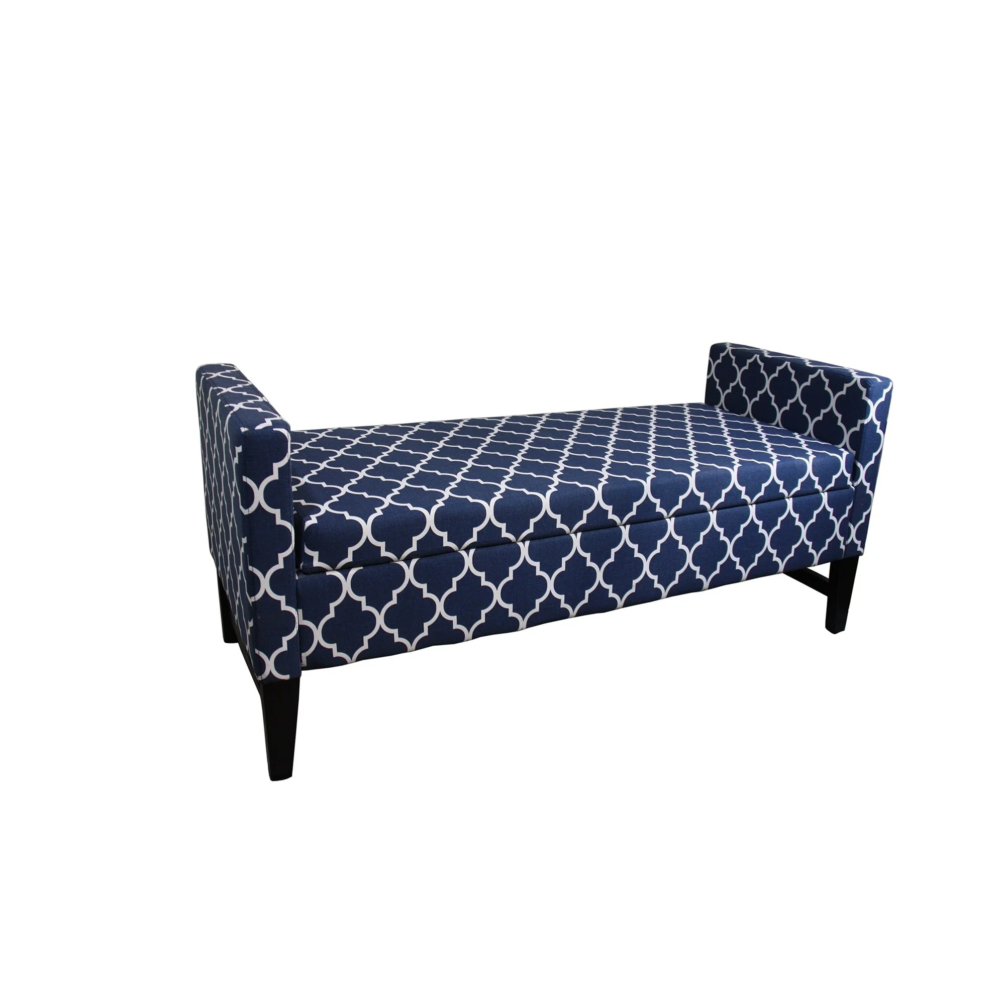 Blue and White Quatrefoil Dark Wood Storage Bench By Homeroots - Image 6