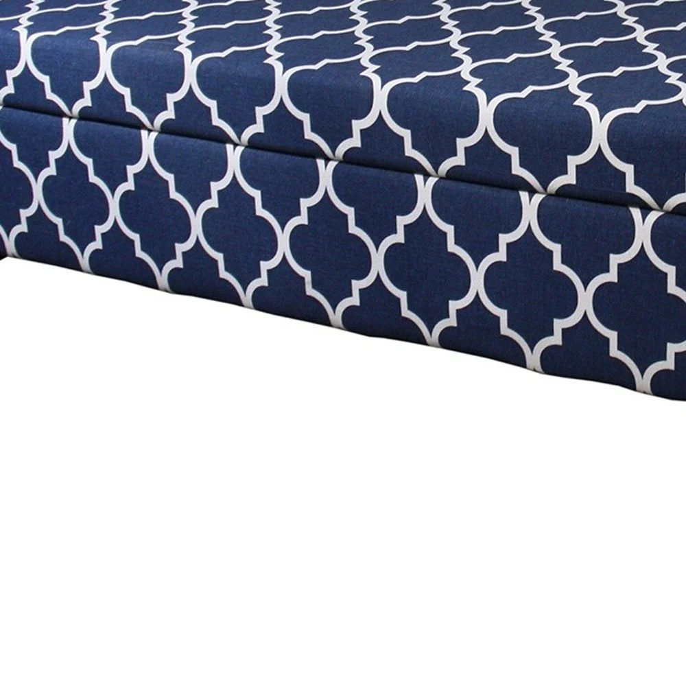 Blue and White Quatrefoil Dark Wood Storage Bench By Homeroots - Image 8