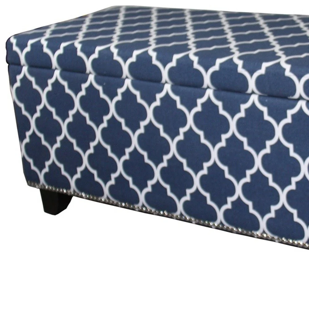 Blue and White Quatrefoil Storage Bench By Homeroots - Image 5