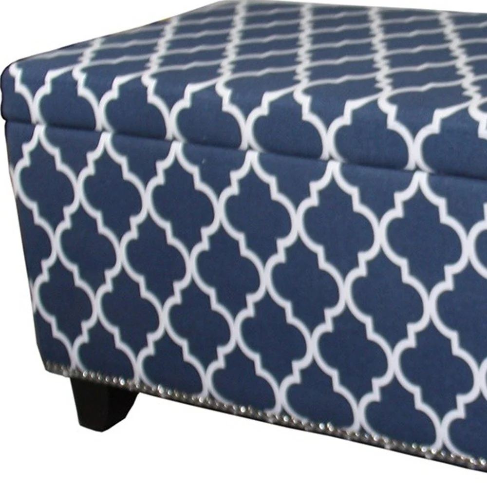 Blue and White Quatrefoil Storage Bench By Homeroots - Image 6