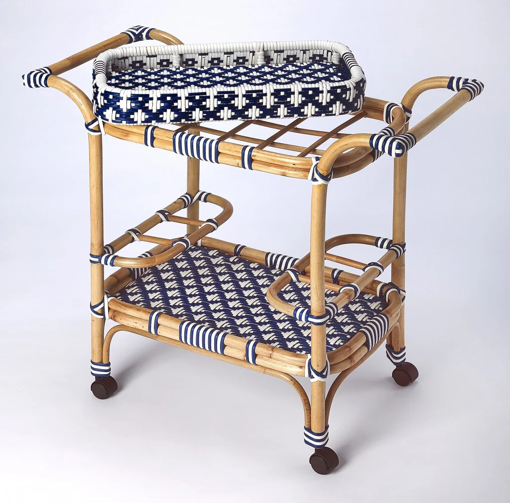 Blue And White Rattan Bar Cart By Homeroots - Image 2