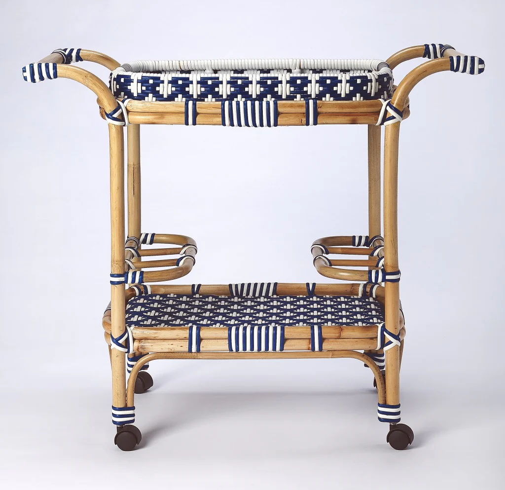 Blue And White Rattan Bar Cart By Homeroots - Image 3