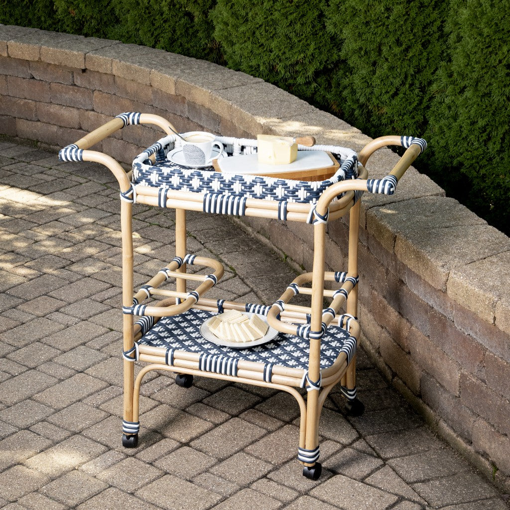Blue And White Rattan Bar Cart By Homeroots - Image 8