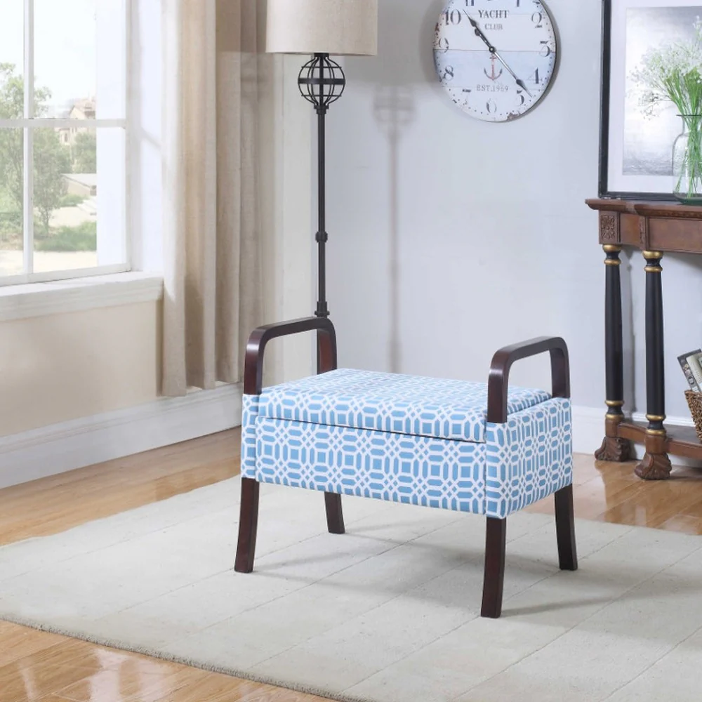 Blue and White Vanity Seat with Wooden Handles By Homeroots - Image 6