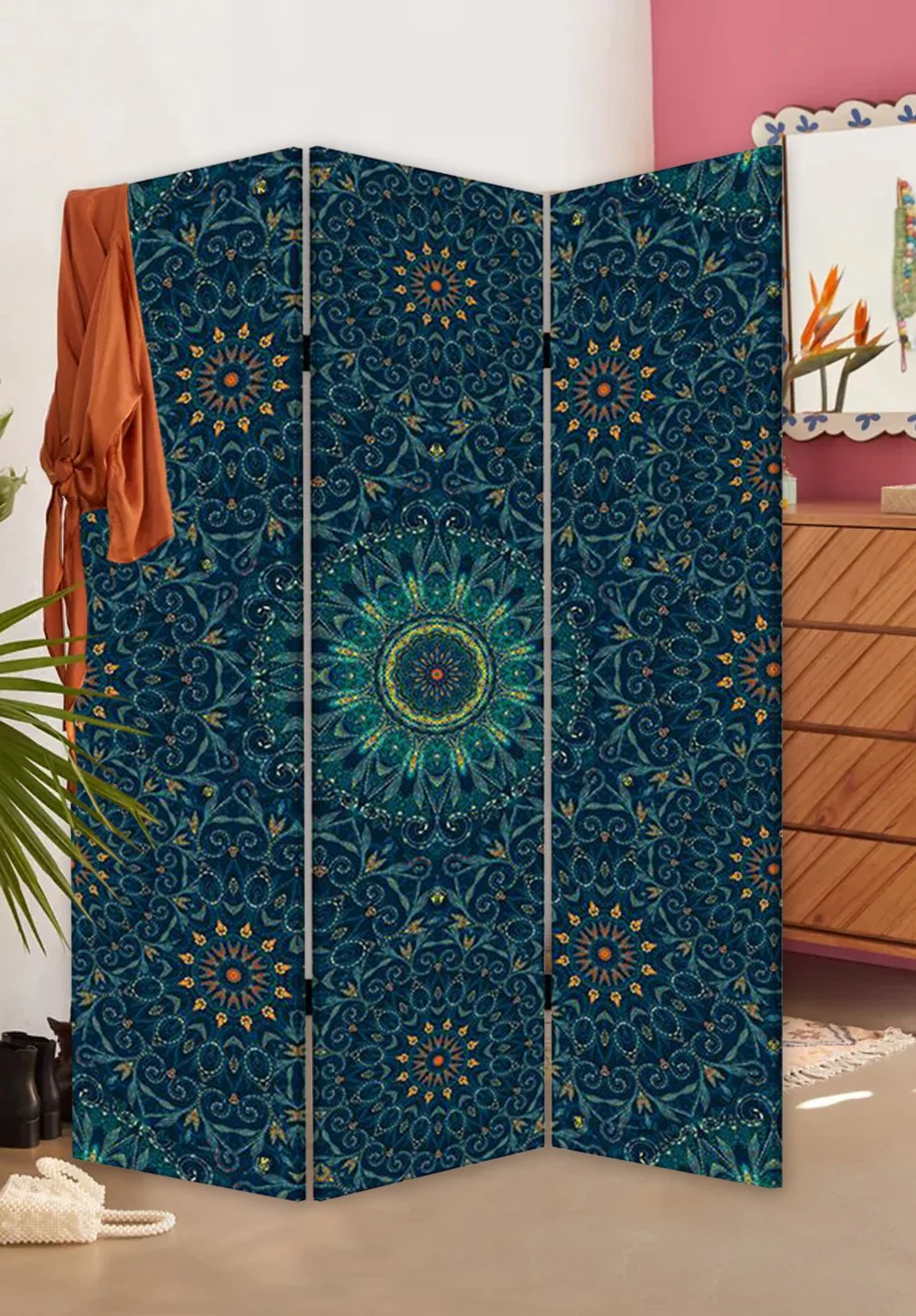 Blue Boho Mandala Three Panel Room Divider Screen By Homeroots - Image 5