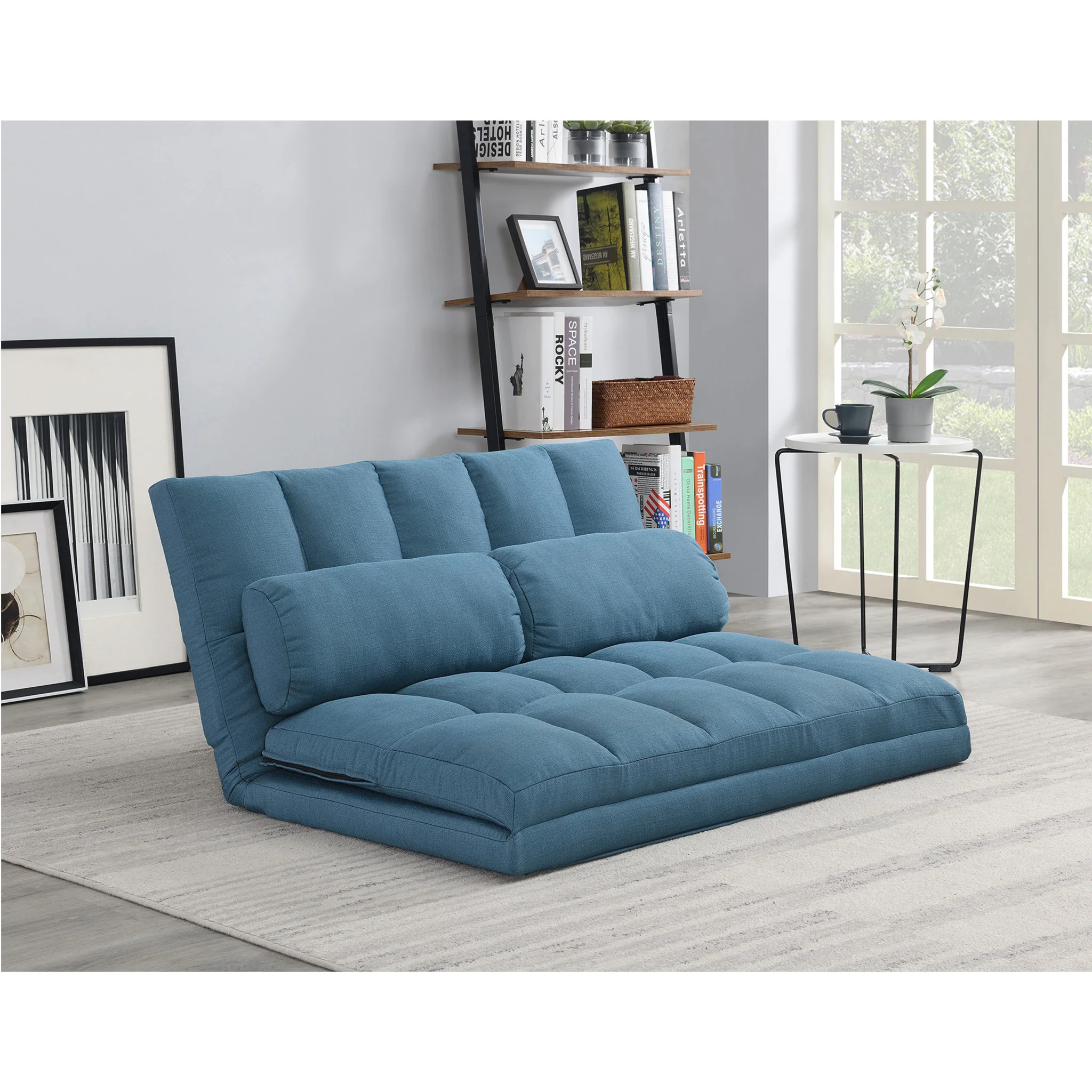 Blue Futon Convertible Sleeper Loveseat and Toss Pillows By Homeroots - Image 3