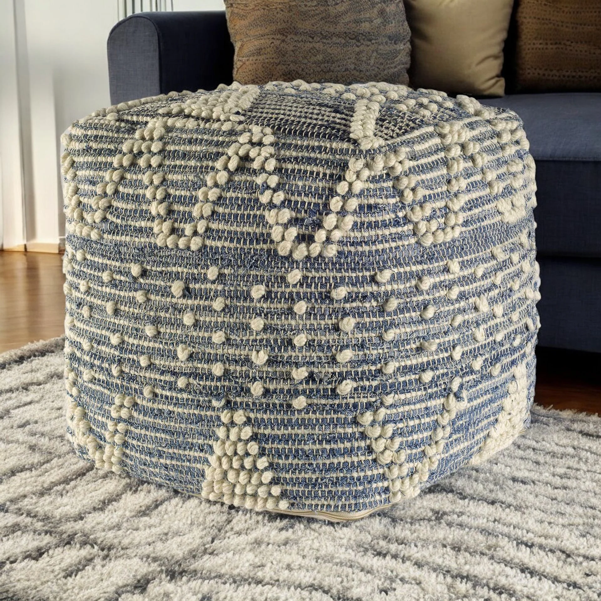 Blue Geometric Pouf Ottoman By Homeroots - Image 2