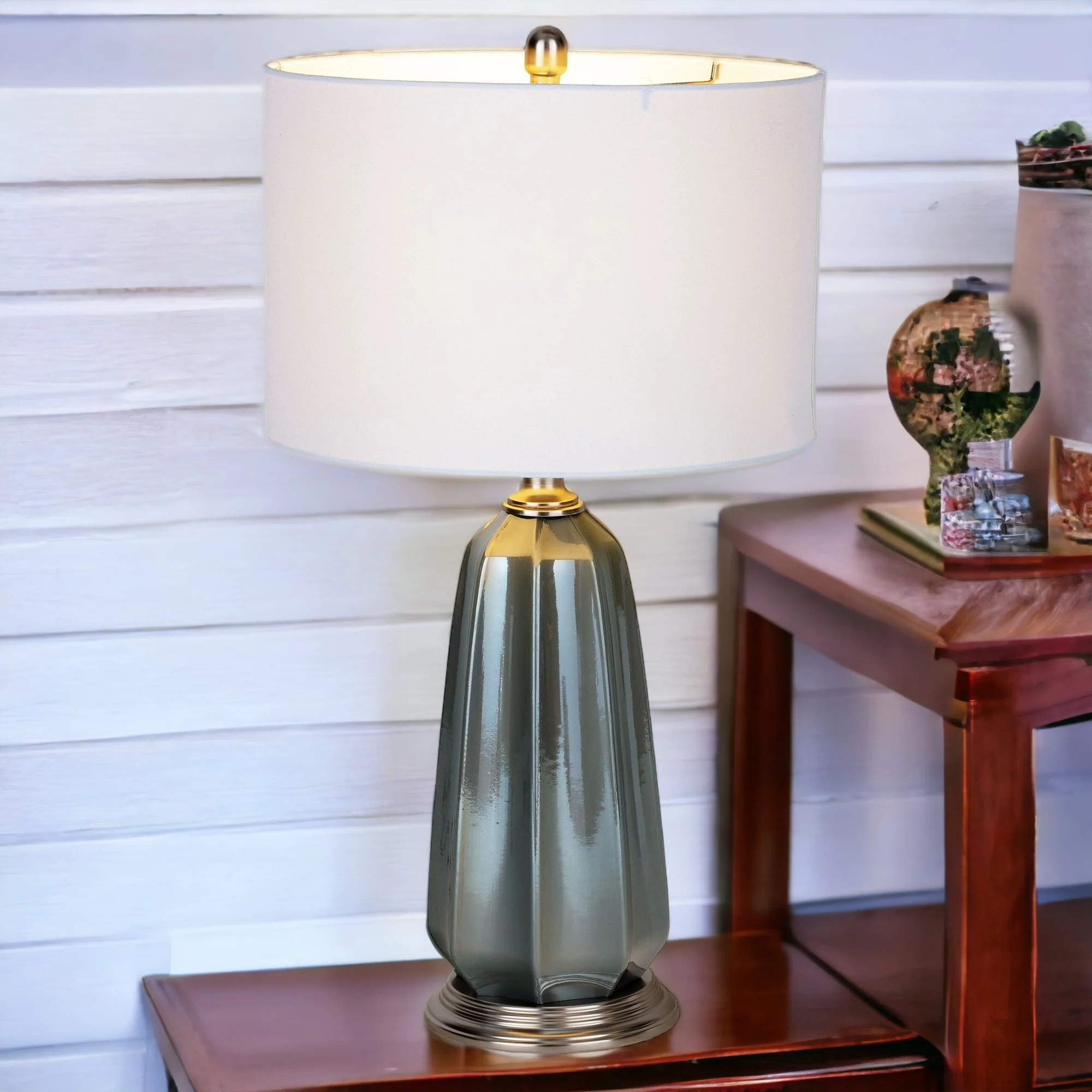 Blue Gray Ceramic LED Table Lamp With White Drum Shade By Homeroots - Image 5