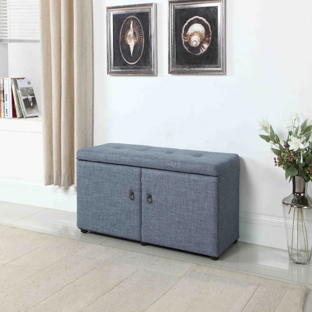 Blue Gray Linen Look Double Door Shoe Storage Bench By Homeroots - Image 6