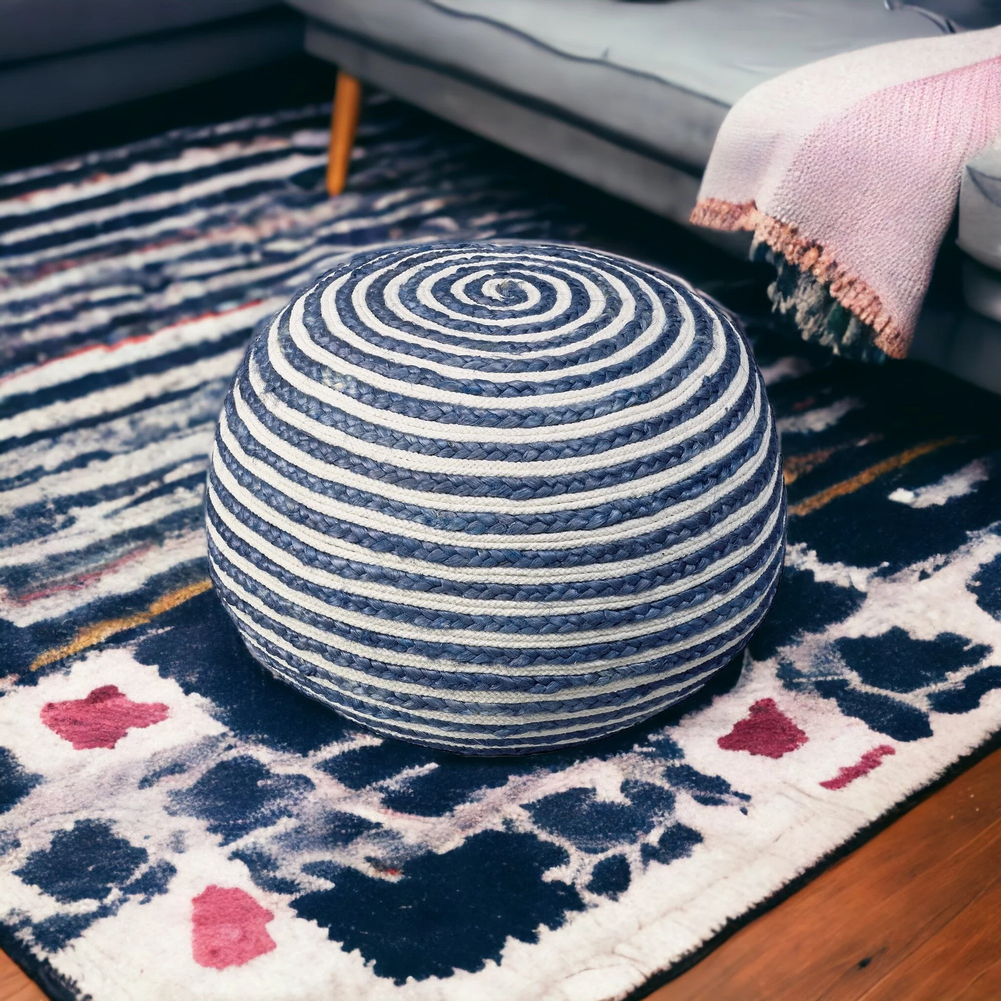 Blue Jute Ottoman By Homeroots - Image 2