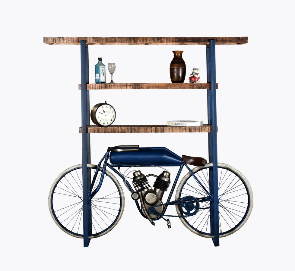 Blue Metal Mango Wood Cycle Book Shelf Bar Counter By Homeroots - Image 2