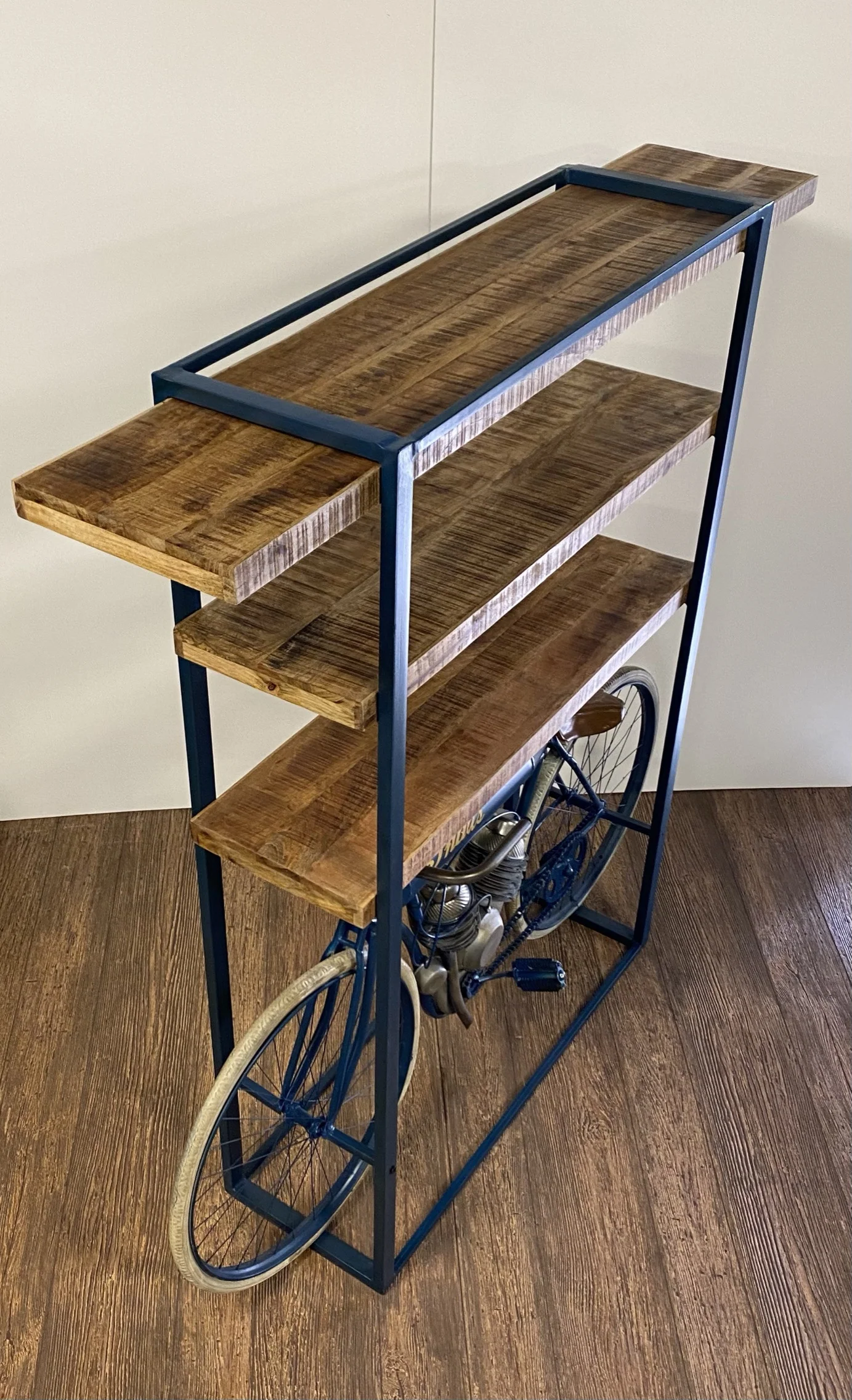 Blue Metal Mango Wood Cycle Book Shelf Bar Counter By Homeroots - Image 3