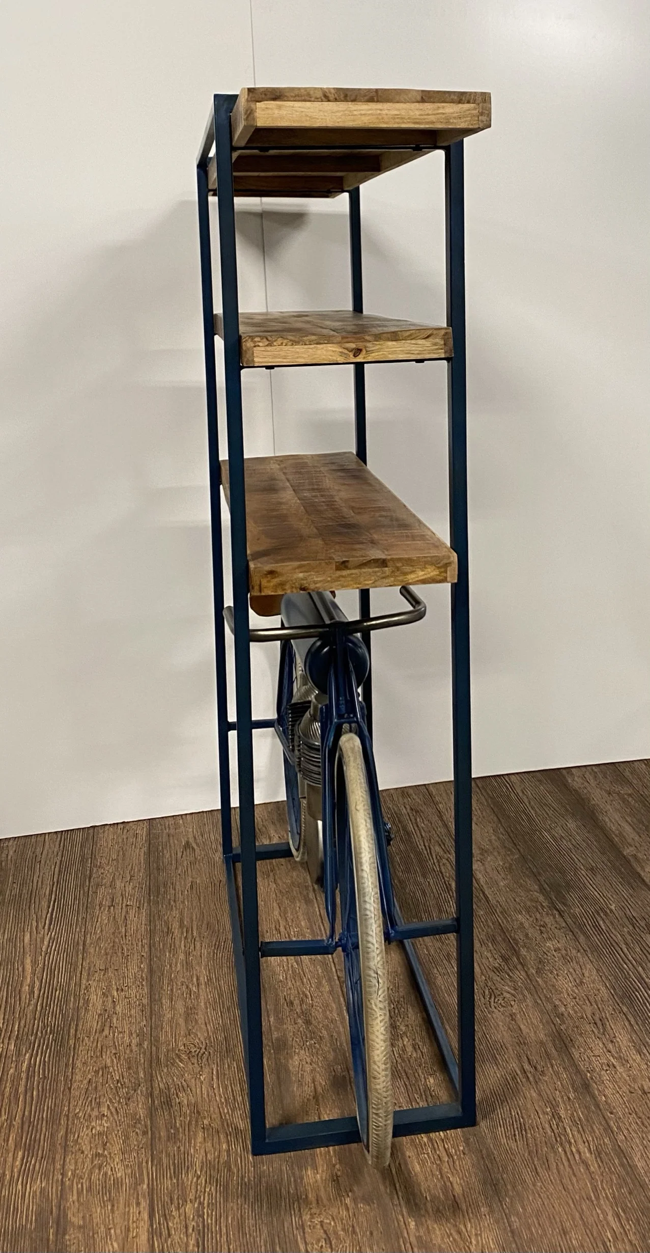Blue Metal Mango Wood Cycle Book Shelf Bar Counter By Homeroots - Image 4