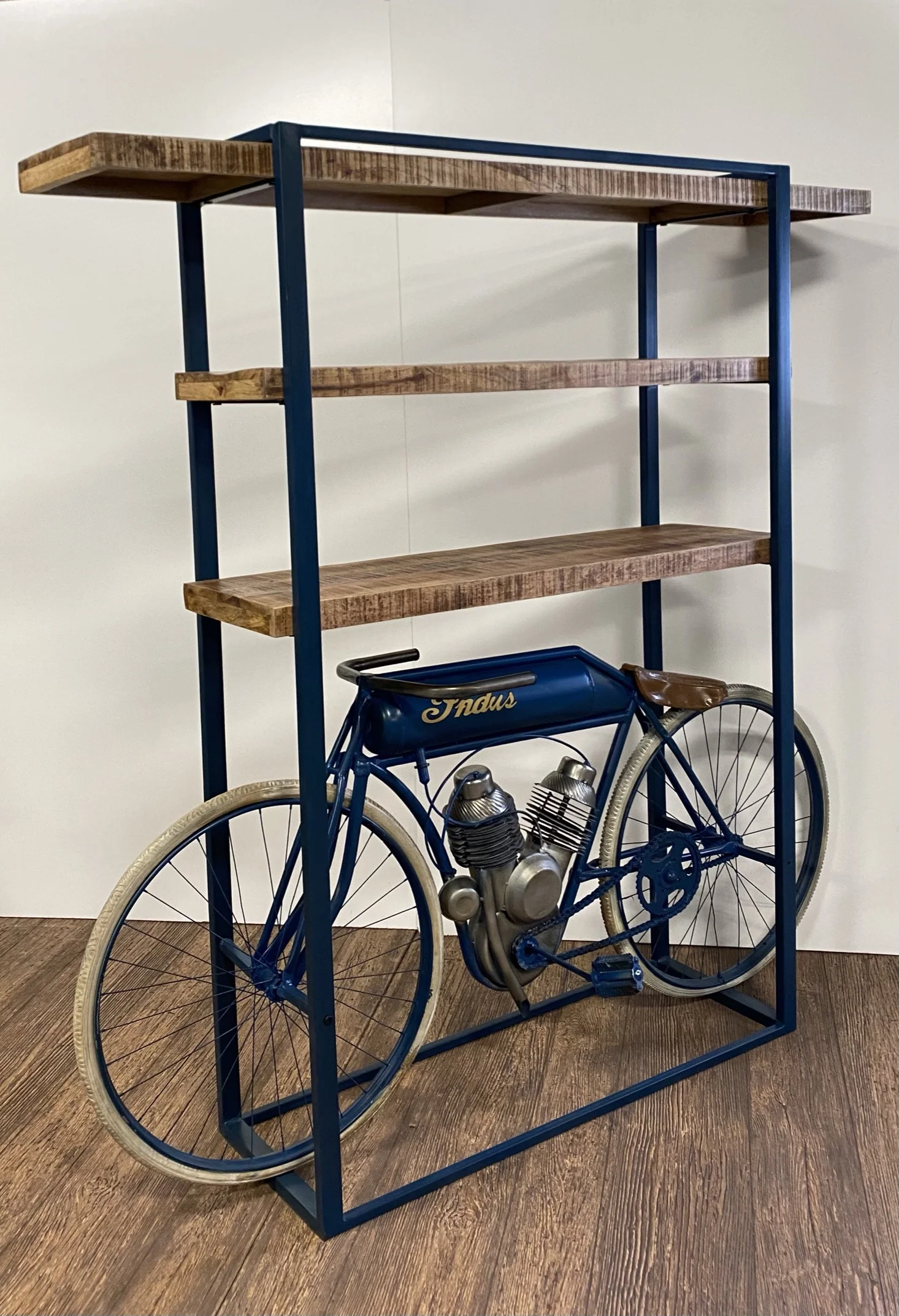 Blue Metal Mango Wood Cycle Book Shelf Bar Counter By Homeroots - Image 5