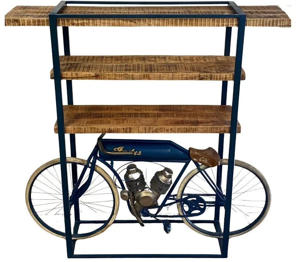 Blue Metal Mango Wood Cycle Book Shelf Bar Counter By Homeroots - Image 6