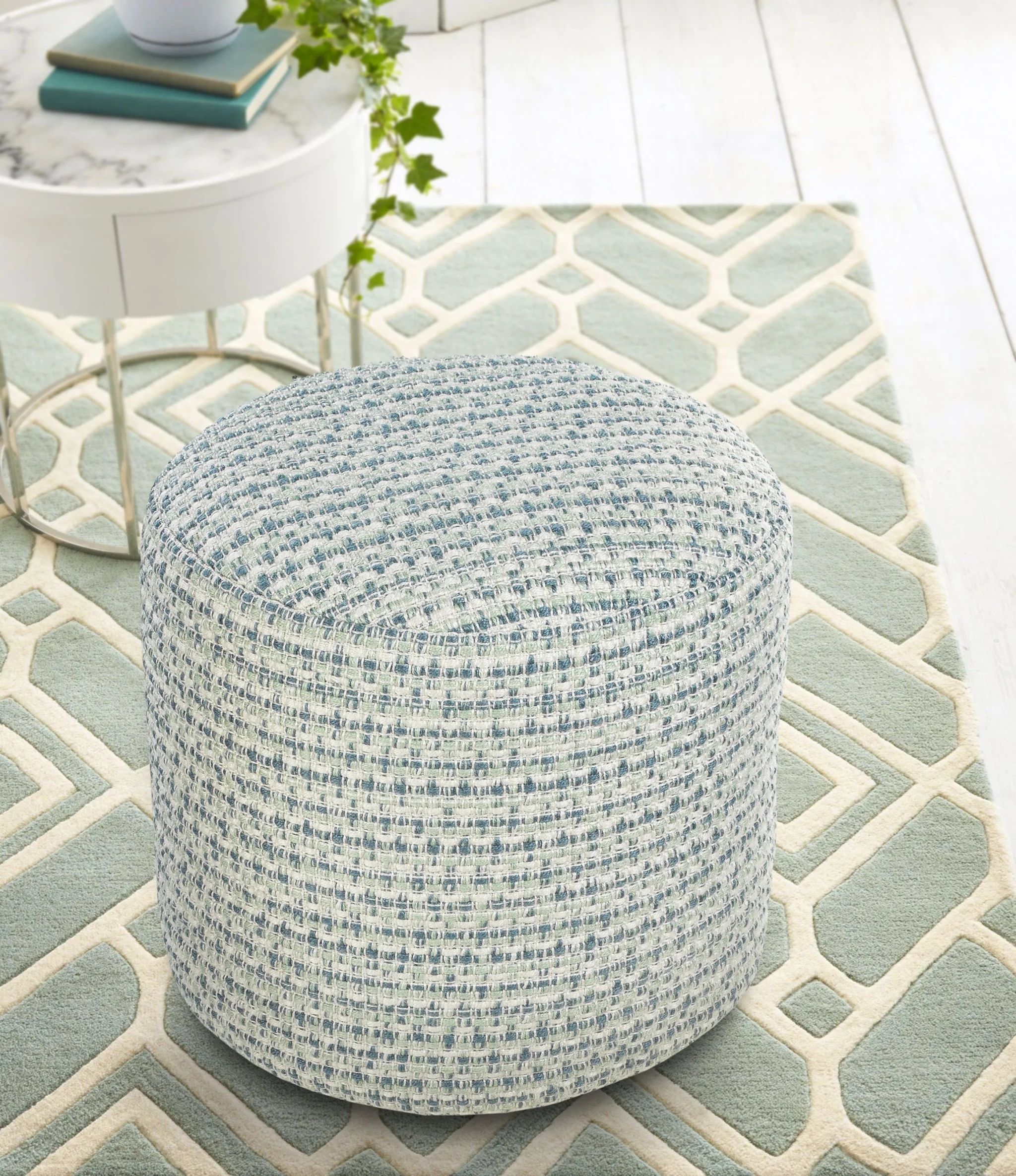 Blue Polyester Round Geometric Indoor Outdoor Pouf Ottoman By Homeroots - Image 7