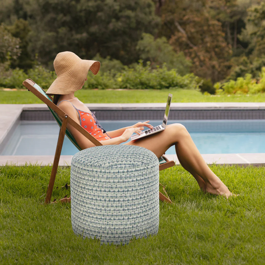Blue Polyester Round Geometric Indoor Outdoor Pouf Ottoman By Homeroots - Image 8