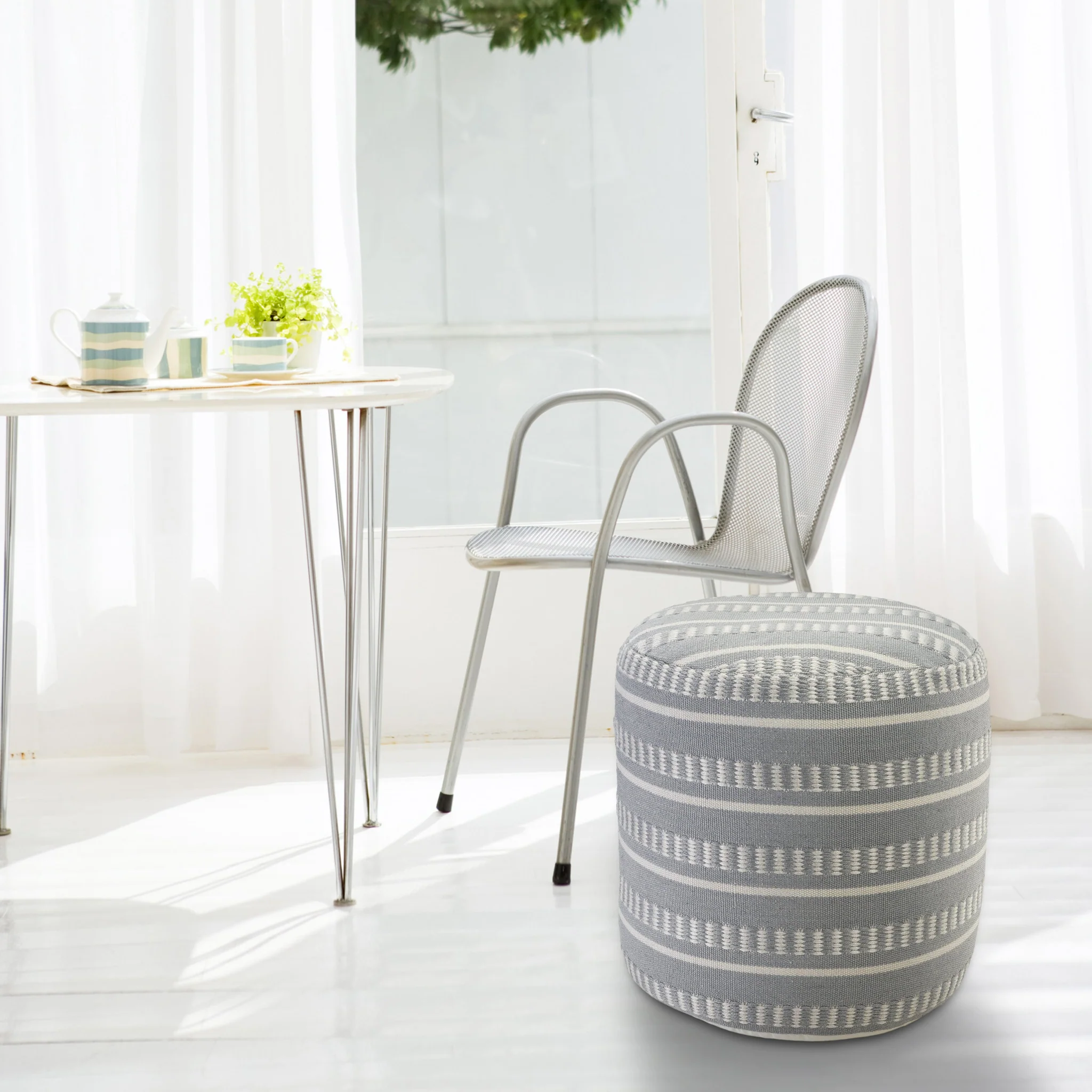 Blue Polyester Round Striped Indoor Outdoor Pouf Ottoman By Homeroots - Image 8
