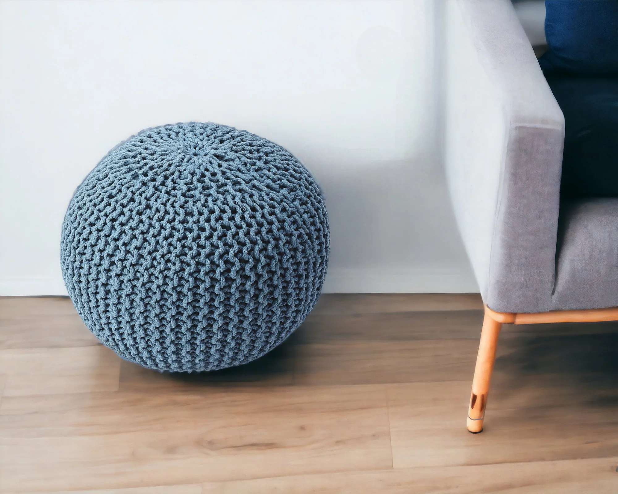 Blue Round Pouf Ottoman By Homeroots - Image 2