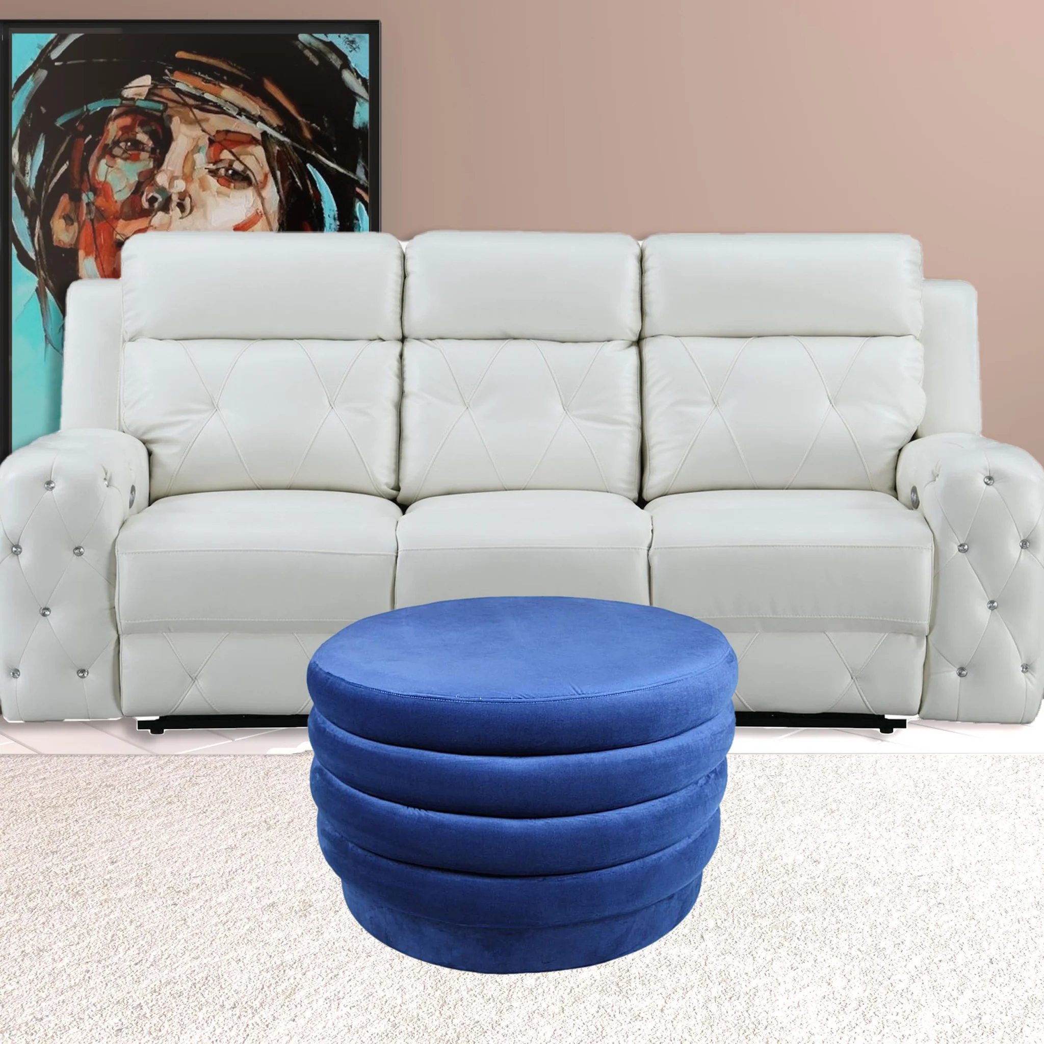 Blue Velvet Tufted Round Cocktail Ottoman By Homeroots - Image 2