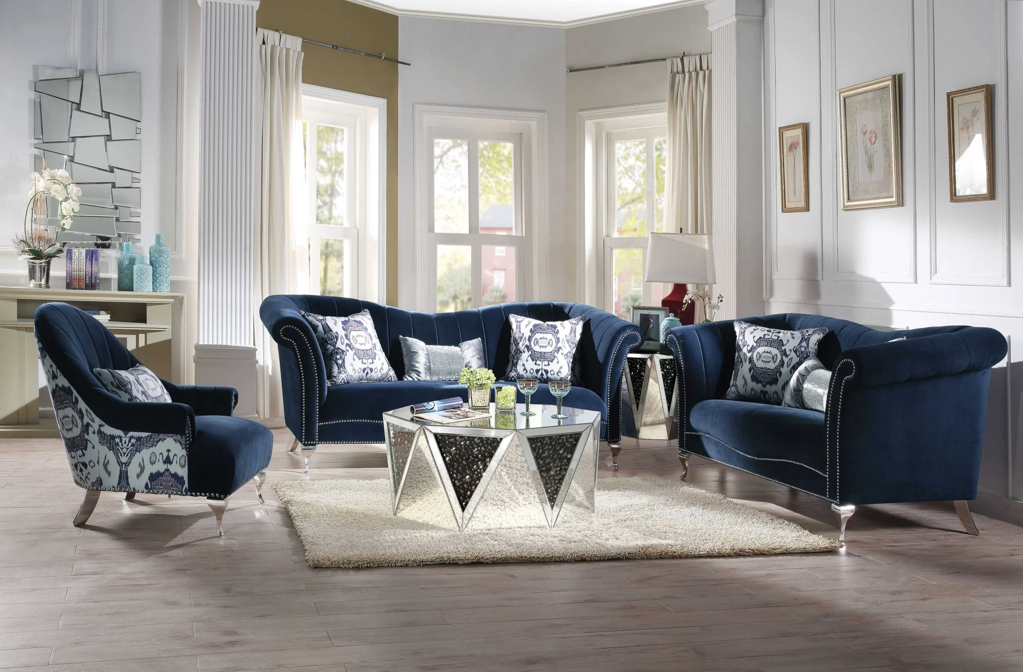 Blue Velvet Upholstery Acrylic Leg Loveseat w Pillows By Homeroots - Image 2
