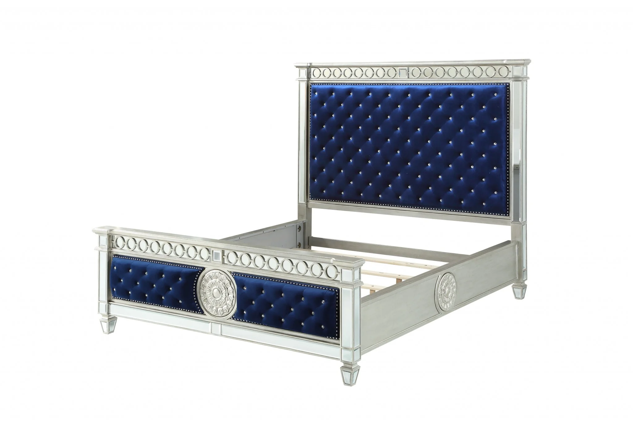 Blue Velvet Wood Mirror Upholstered Hbfb King Bed By Homeroots - Image 2