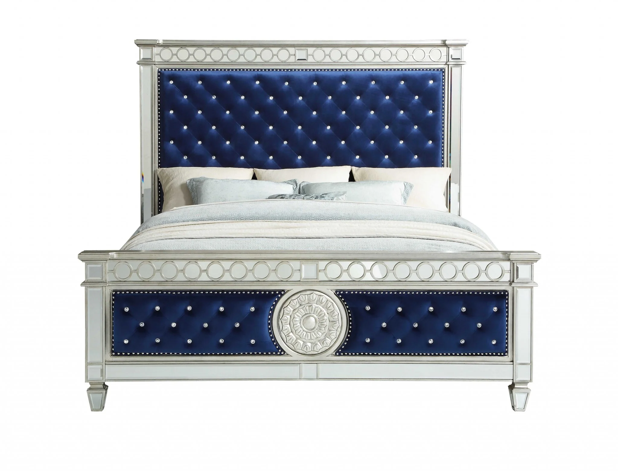 Blue Velvet Wood Mirror Upholstered Hbfb King Bed By Homeroots - Image 3