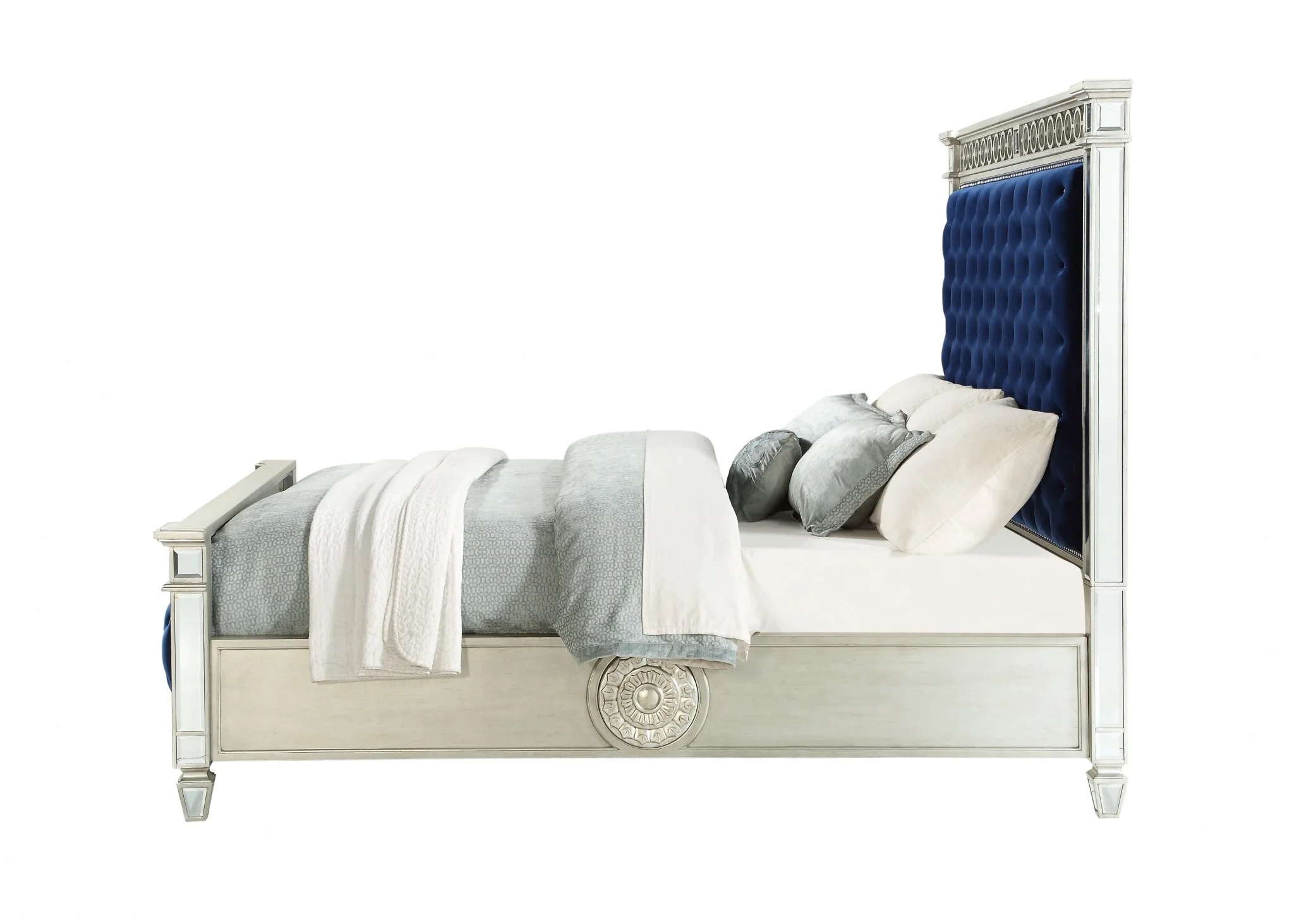Blue Velvet Wood Mirror Upholstered Hbfb Queen Bed By Homeroots - Image 3
