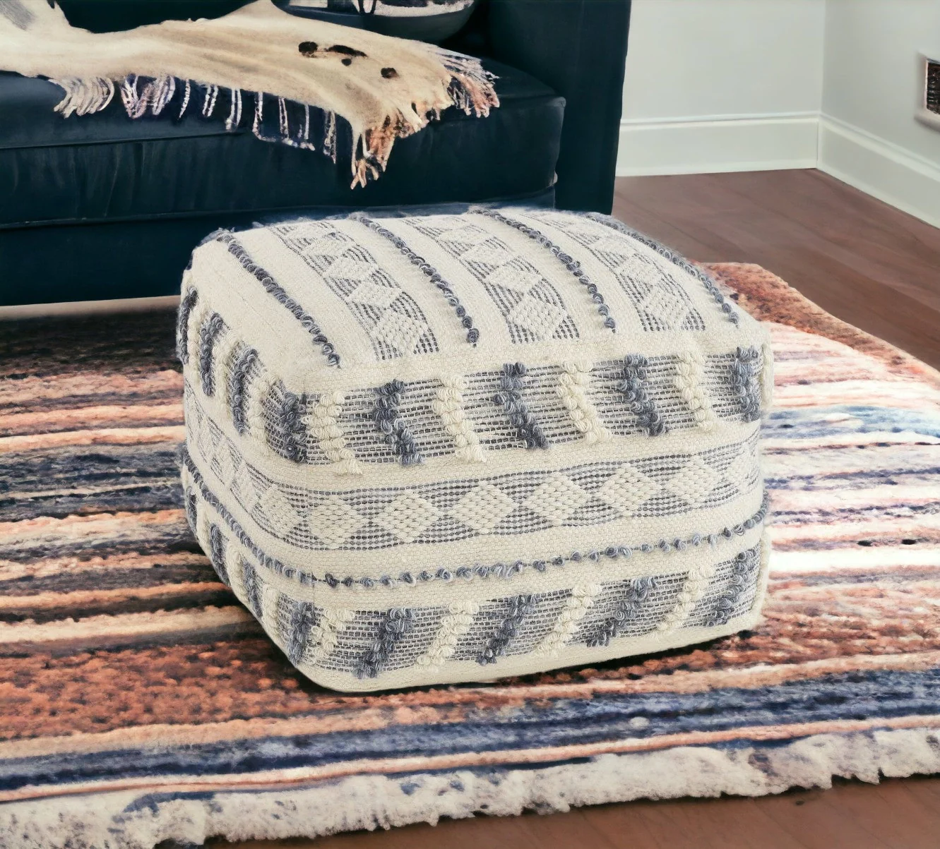 Blue Wool Ottoman By Homeroots - Image 3