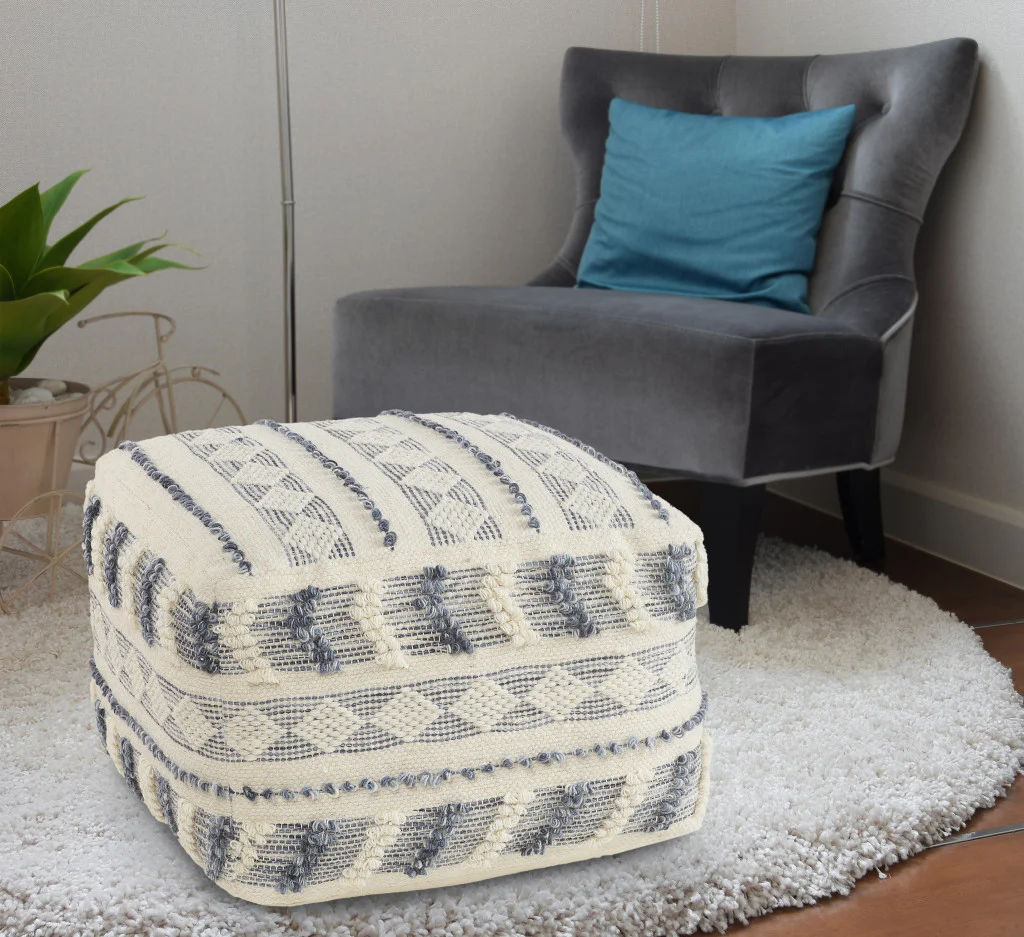 Blue Wool Ottoman By Homeroots - Image 4