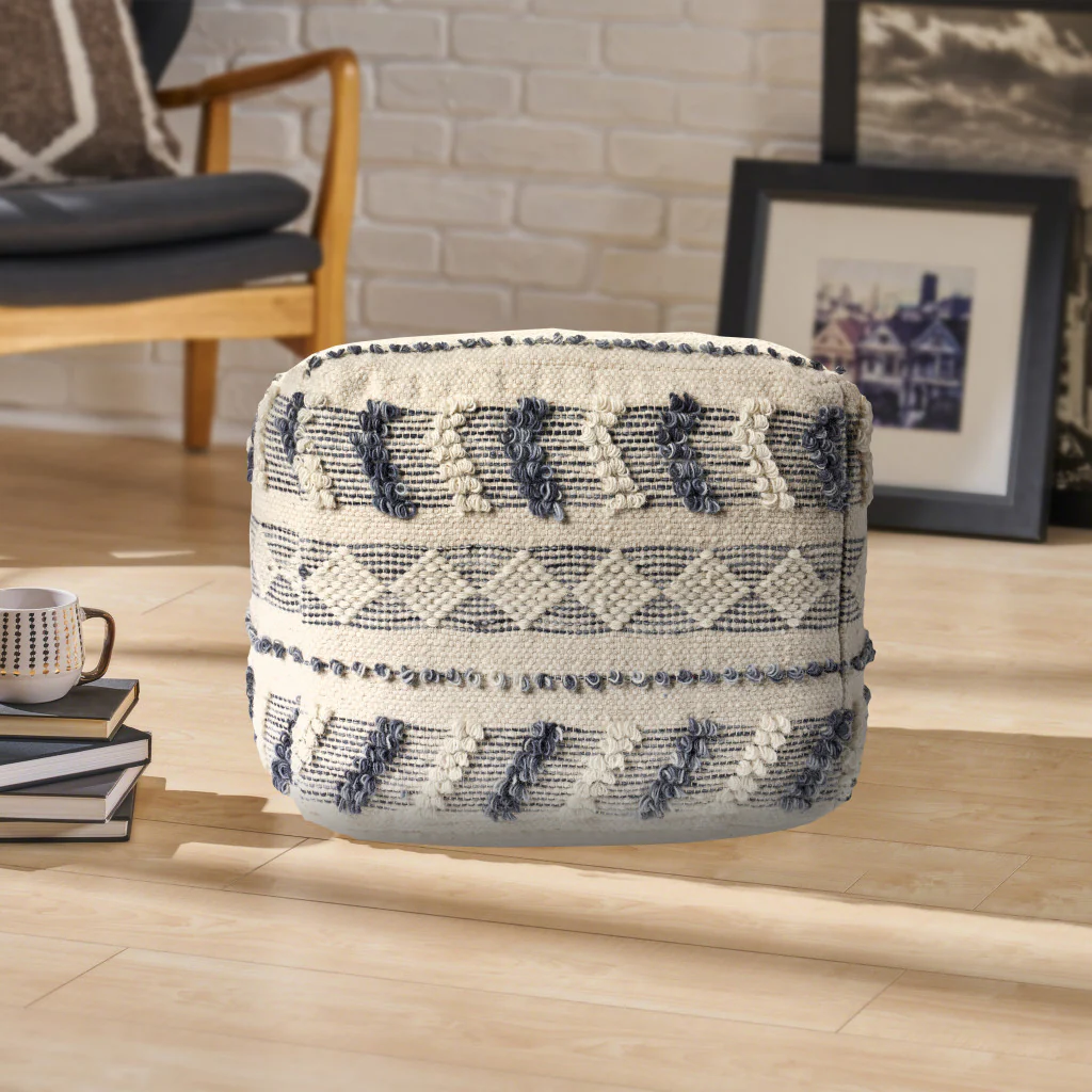 Blue Wool Ottoman By Homeroots - Image 7