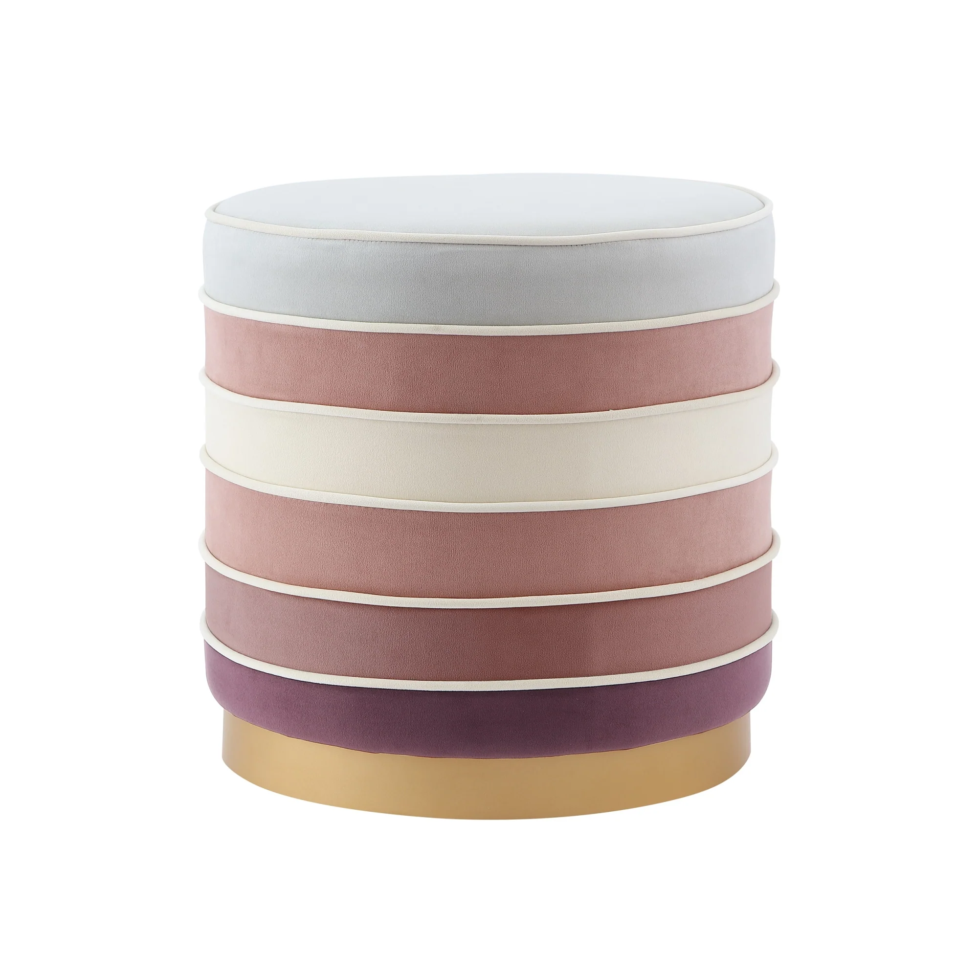 Blush Velvet And Gold Round Striped Ottoman By Homeroots - Image 2