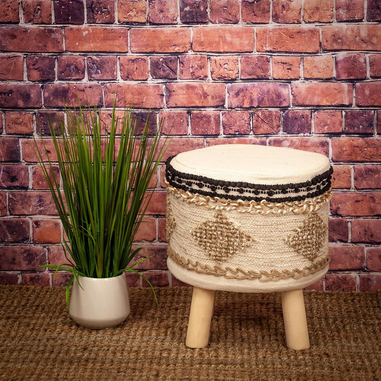 Boho Beige and Black Cotton Jute Stool By Homeroots - Image 3