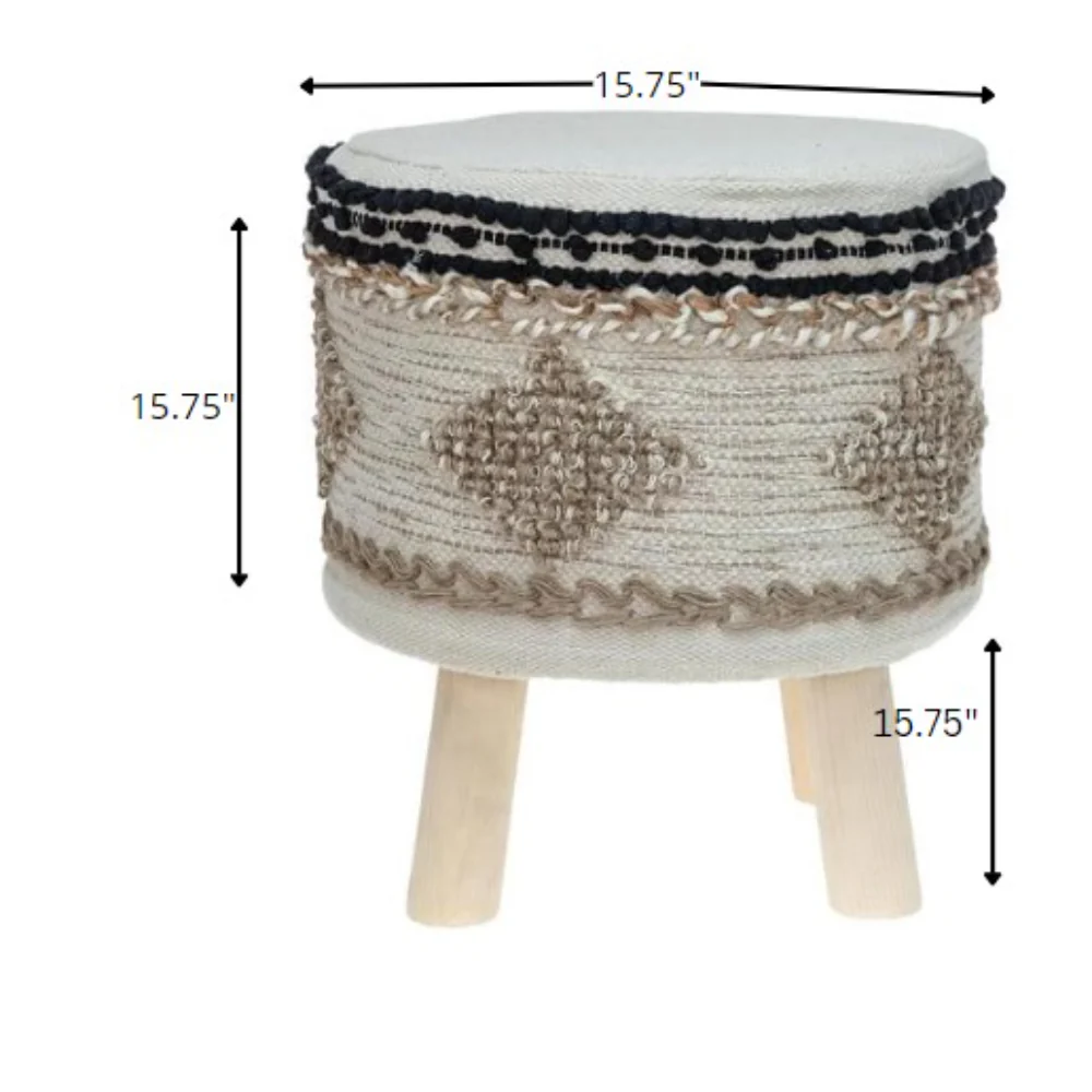 Boho Beige and Black Cotton Jute Stool By Homeroots - Image 4