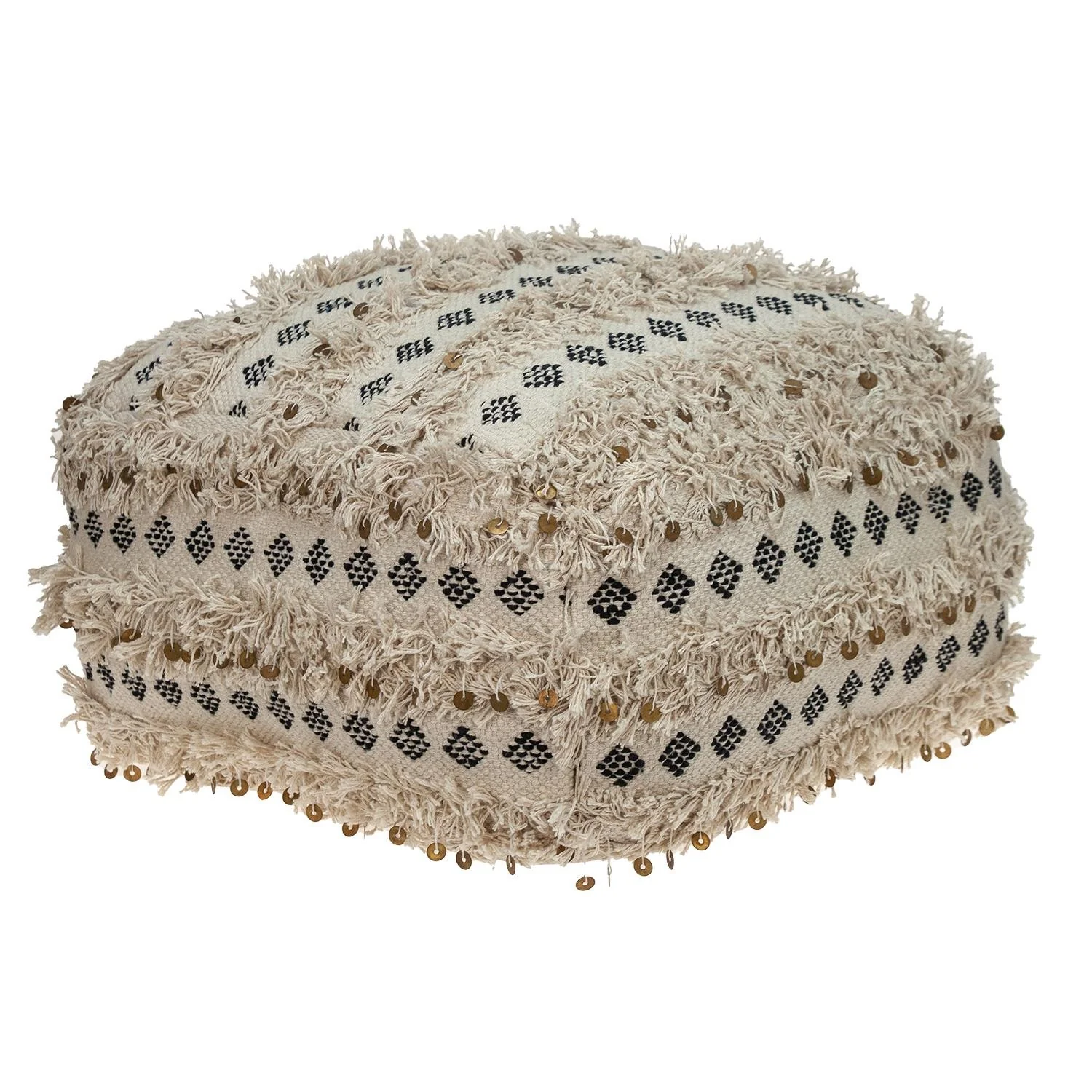 Boho Fringed Beige and Black Handwoven Pouff Ottoman By Homeroots - Image 2