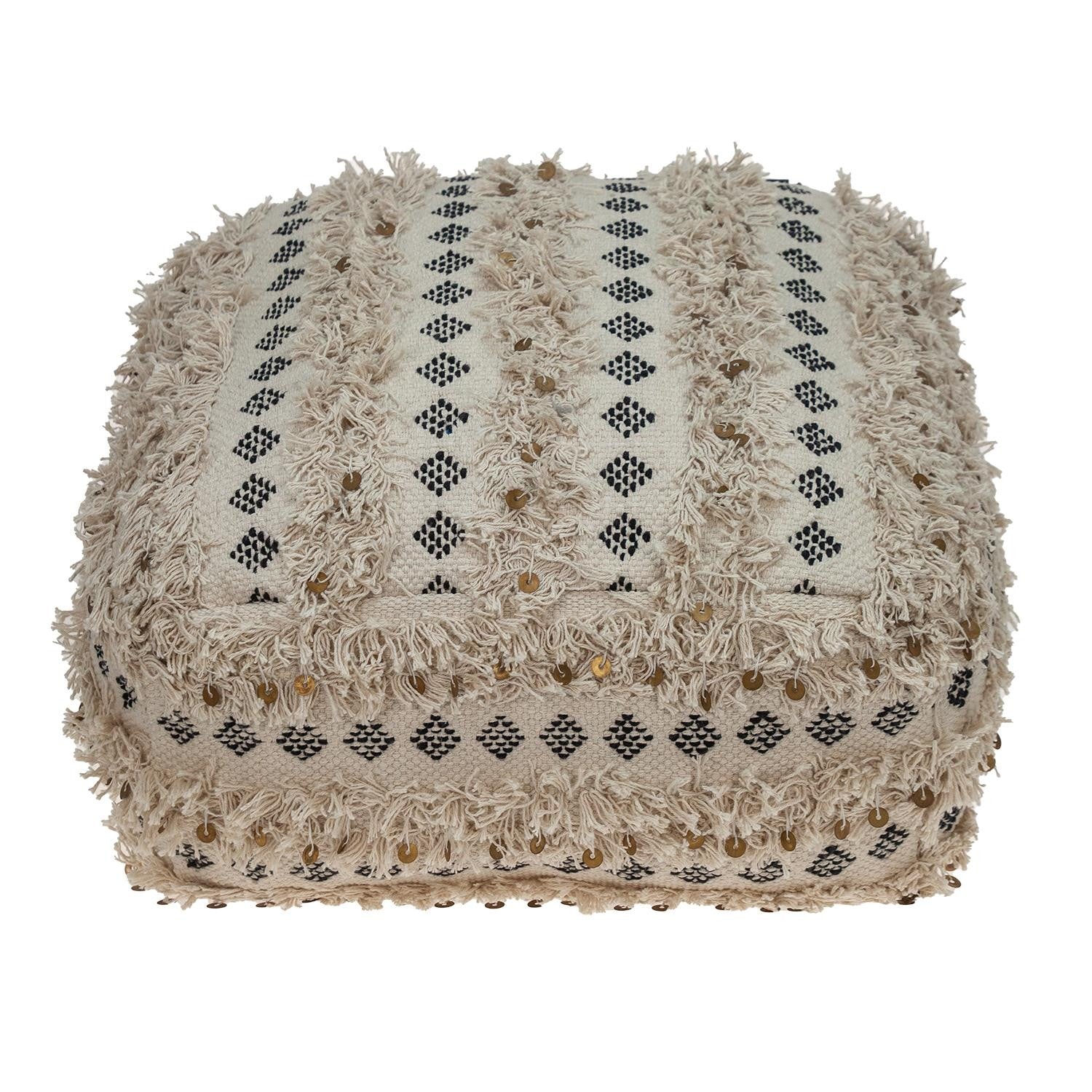 Boho Fringed Beige and Black Handwoven Pouff Ottoman By Homeroots - Image 3
