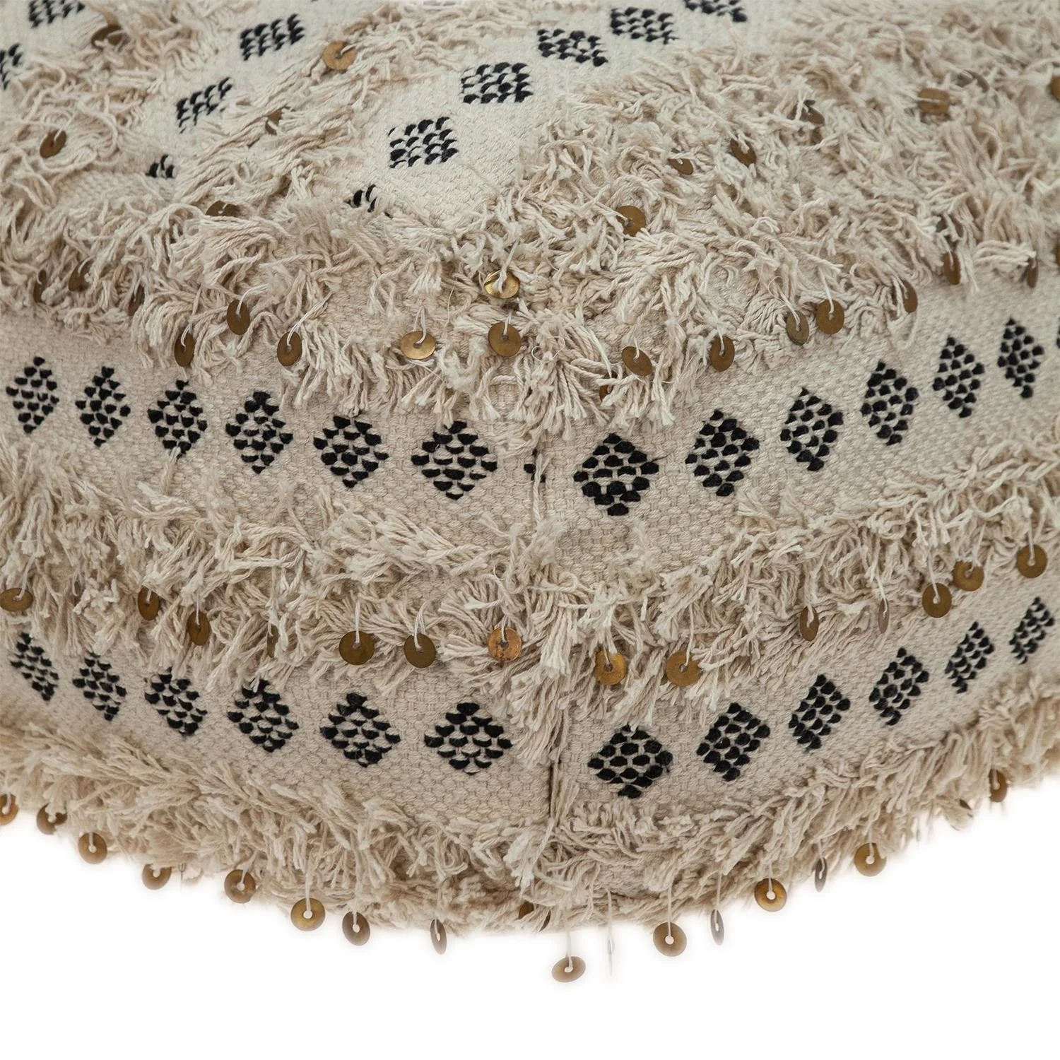 Boho Fringed Beige and Black Handwoven Pouff Ottoman By Homeroots - Image 4
