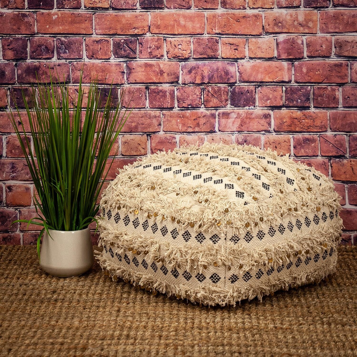 Boho Fringed Beige and Black Handwoven Pouff Ottoman By Homeroots - Image 5