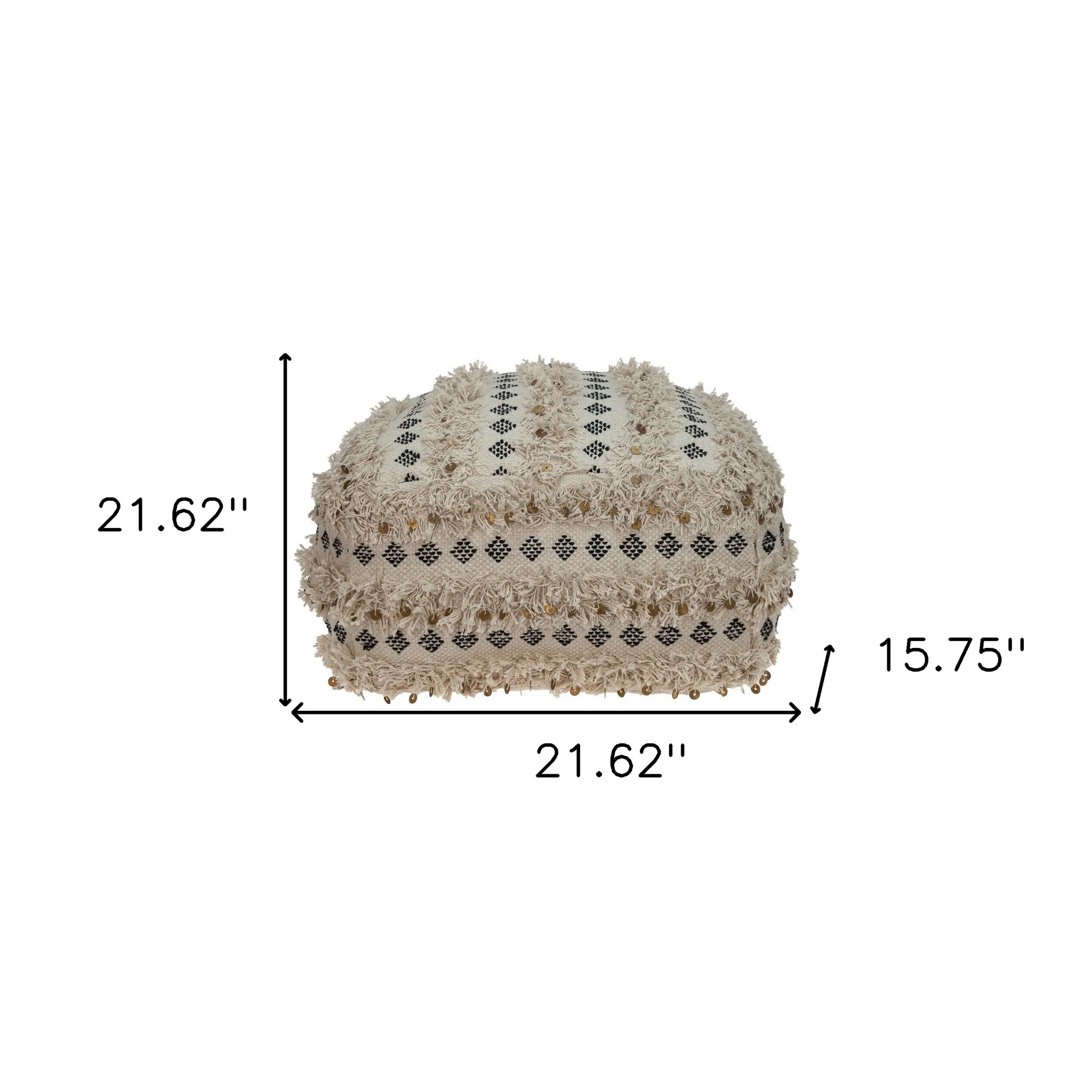 Boho Fringed Beige and Black Handwoven Pouff Ottoman By Homeroots - Image 6