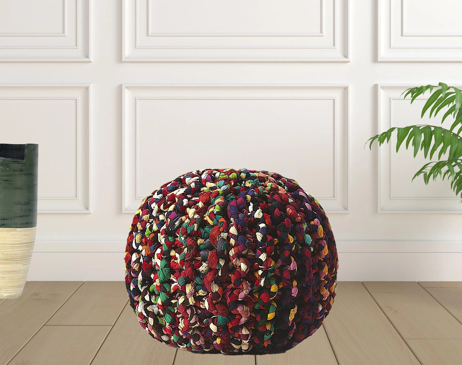 Boho Multi Color Rag Pouf Ottoman By Homeroots - Image 3