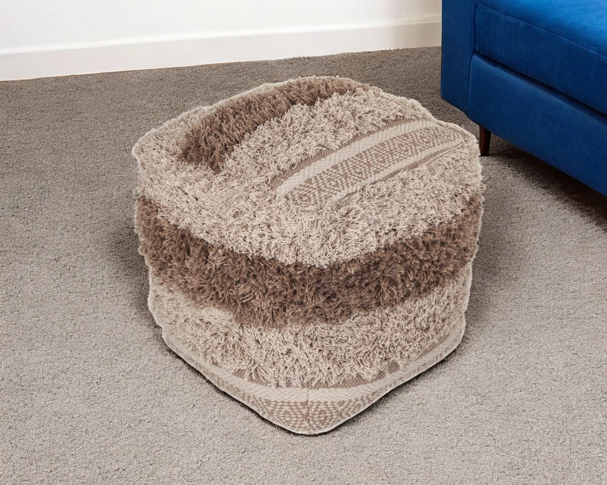Boho Shaggy Khaki Textured Pouf By Homeroots - Image 2
