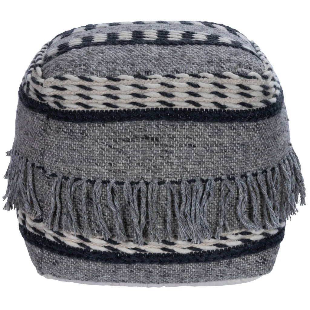 Boho Square Black and Gray Pouf Ottoman By Homeroots - Image 2