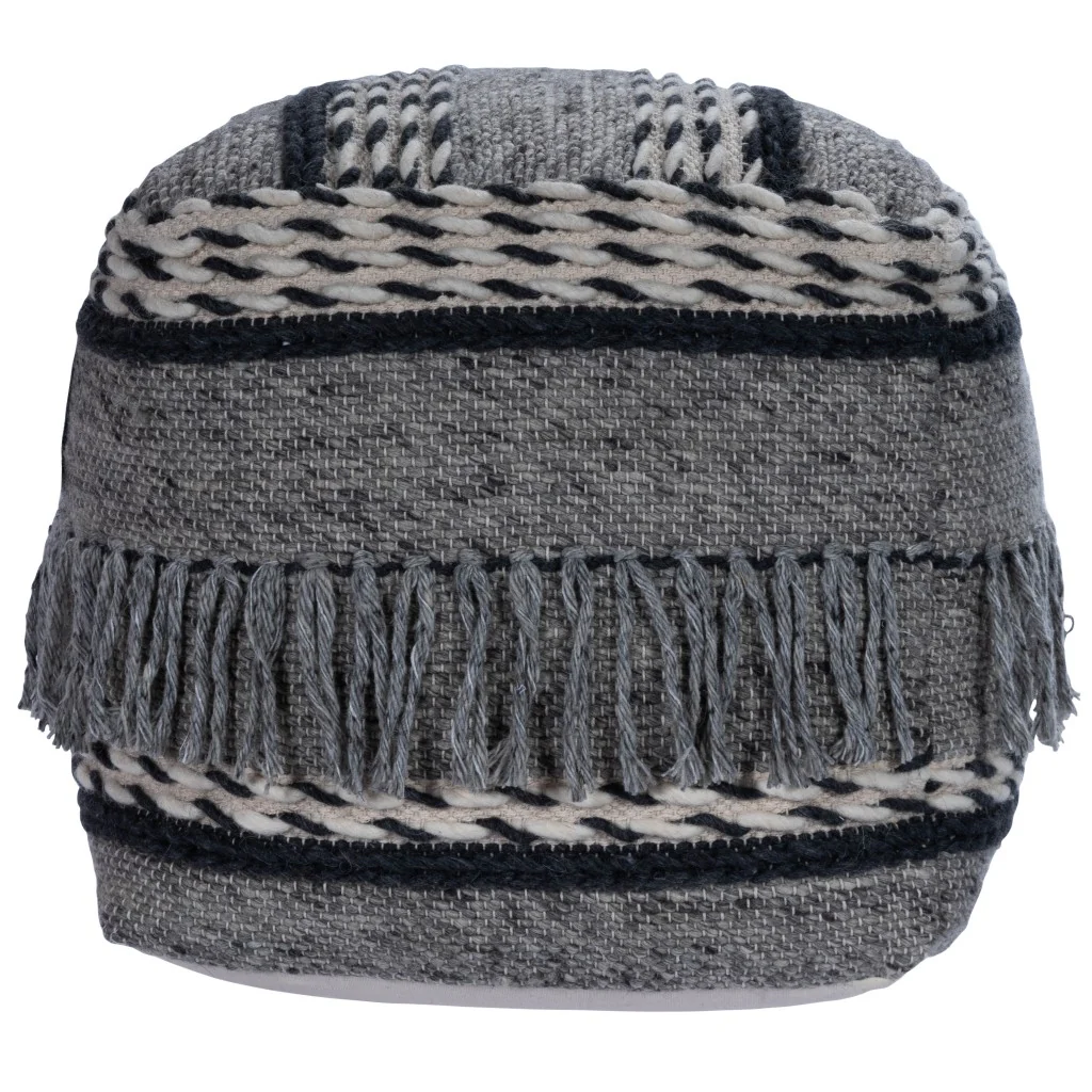 Boho Square Black and Gray Pouf Ottoman By Homeroots - Image 3