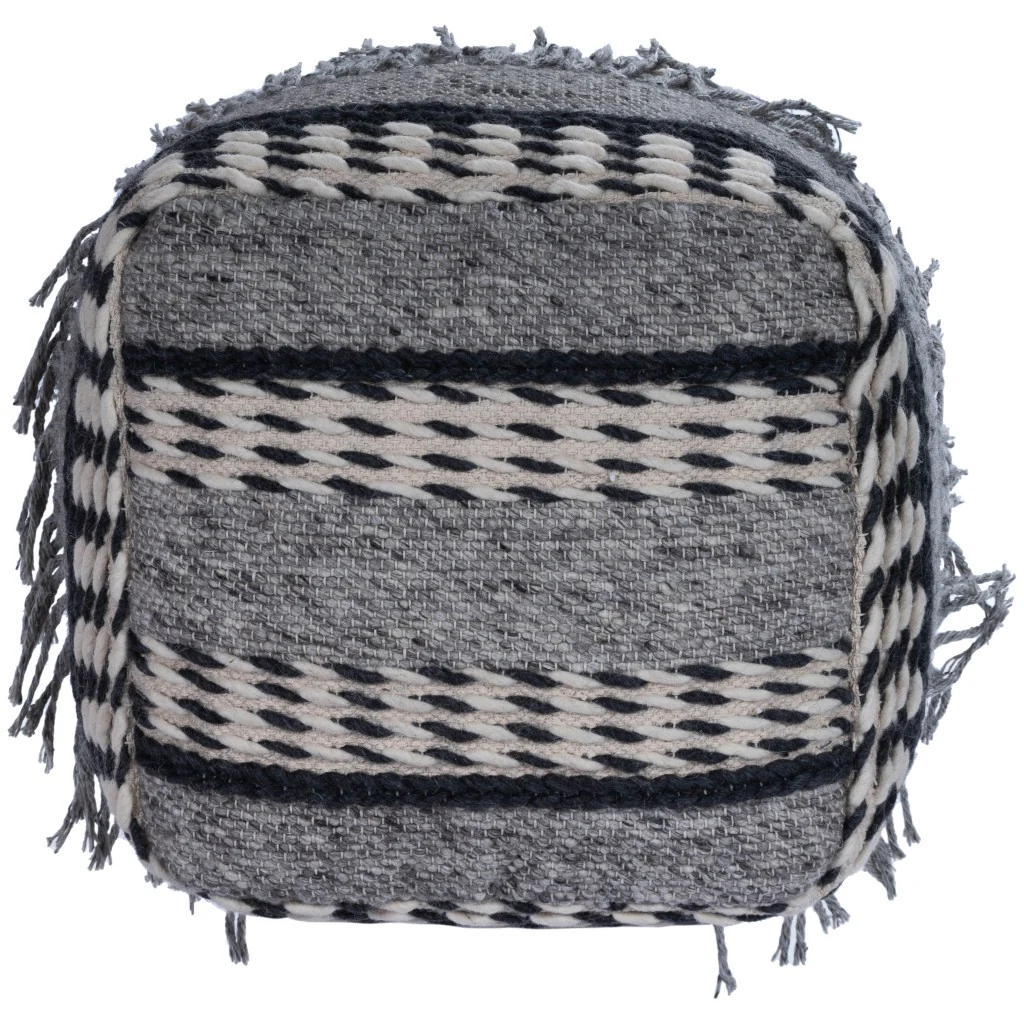 Boho Square Black and Gray Pouf Ottoman By Homeroots - Image 4