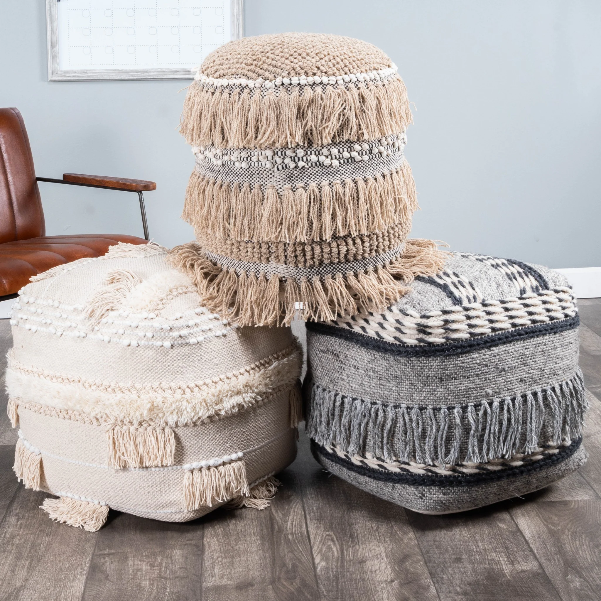 Boho Square Black and Gray Pouf Ottoman By Homeroots - Image 6