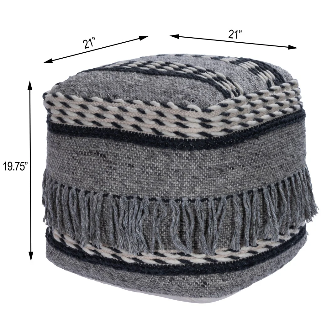Boho Square Black and Gray Pouf Ottoman By Homeroots - Image 7