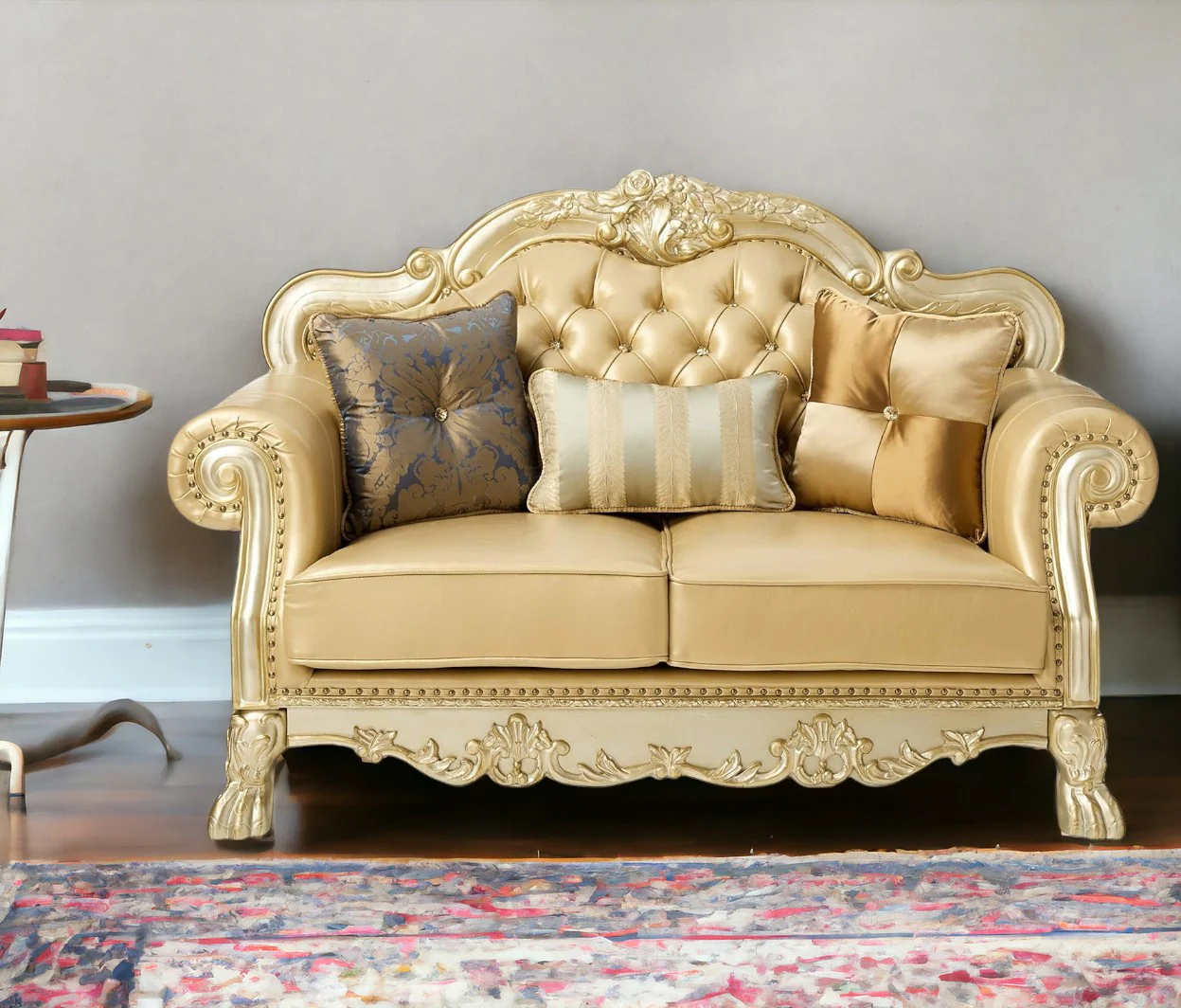 Bone And Gold Faux Leather Loveseat and Toss Pillows By Homeroots - Image 2