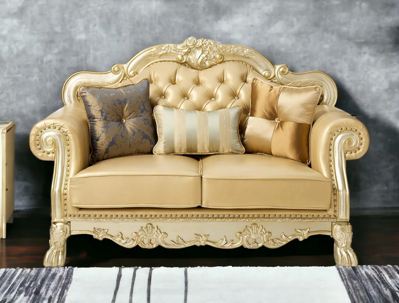 Bone And Gold Faux Leather Loveseat and Toss Pillows By Homeroots - Image 3
